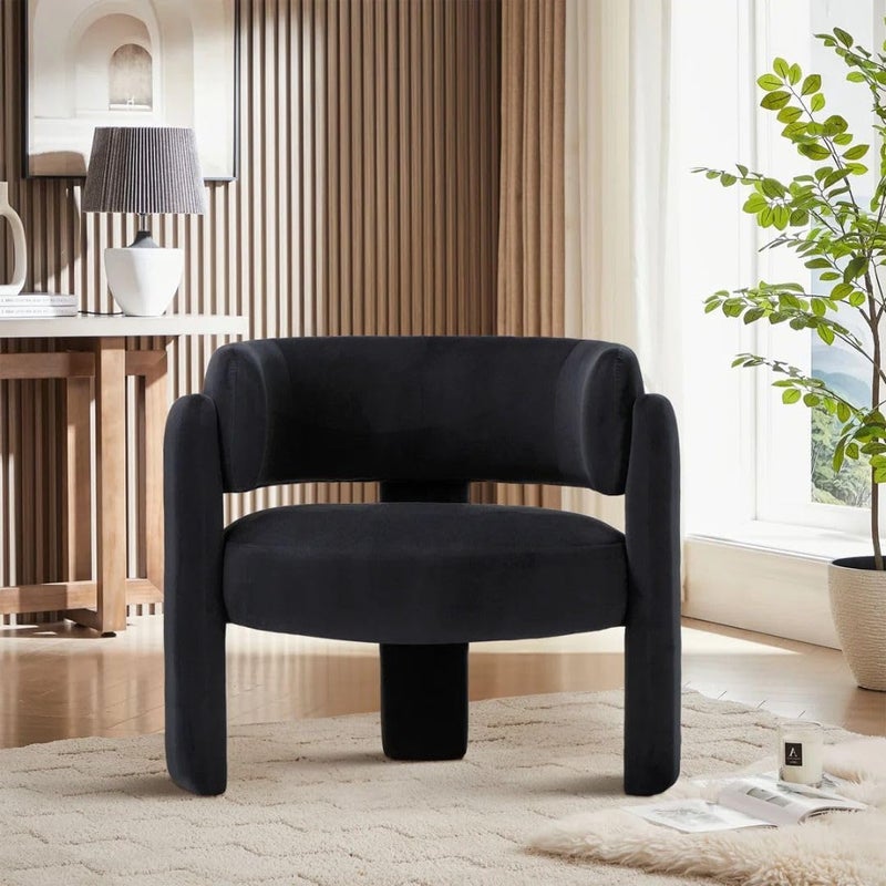 Comfynest Modern Velvet Accent Chair – 3-Leg Barrel Style Upholstered Chair with Foam Padding & Stain-Resistant Fabric (Black) - Image 1